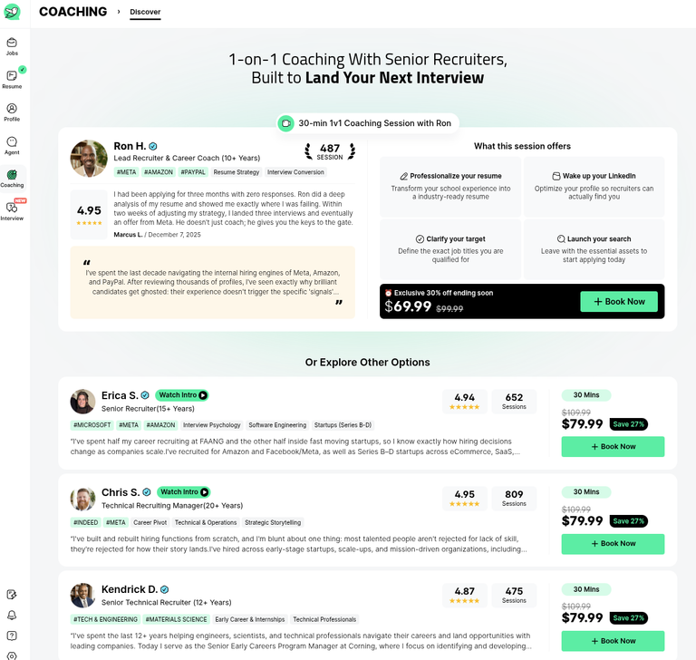 JobRight's coaching tab, selling 30-minute sessions with named senior recruiters at $69.99 to $79.99