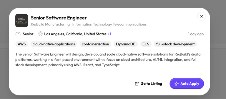 AIApply job detail panel showing only a short three-line blurb and a few tags
