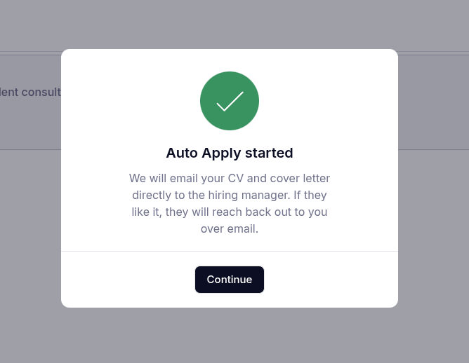 RemoteJobsFinder dialog reading Auto Apply started: we will email your CV and cover letter directly to the hiring manager