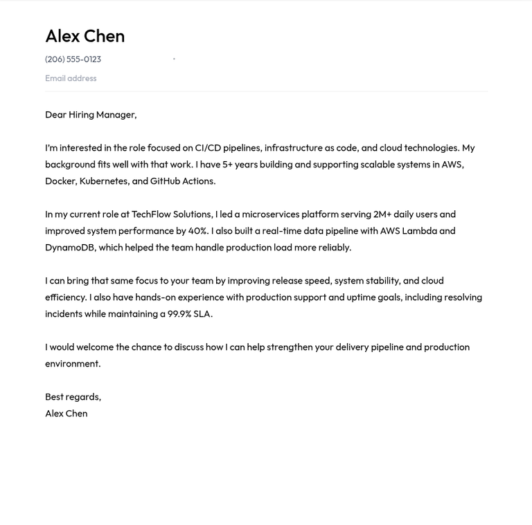 Sample cover letter generated by AIApply, opening with a generic greeting