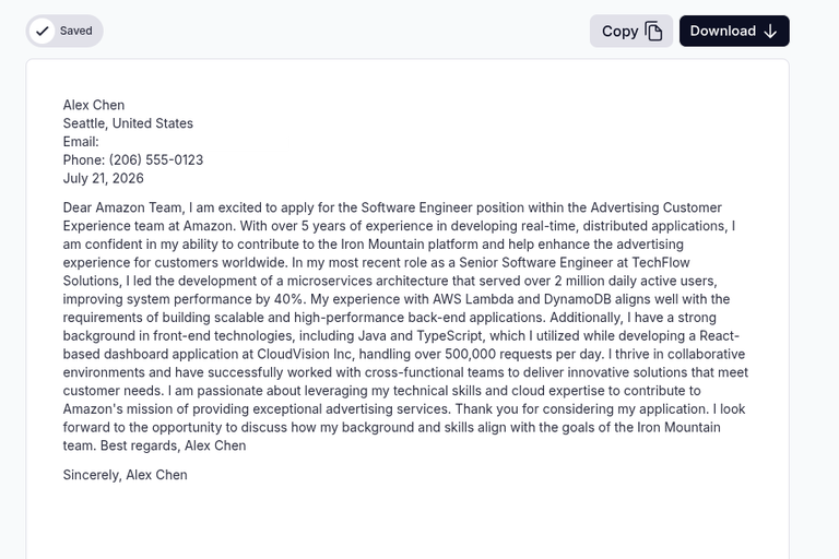 Cover letter generated by RemoteJobsFinder addressed to Amazon but referring twice to Iron Mountain