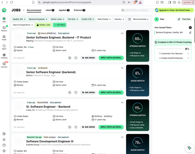 The JobRight recommended jobs feed, showing match scores of 88, 81, 95 and 78 percent with company and salary detail