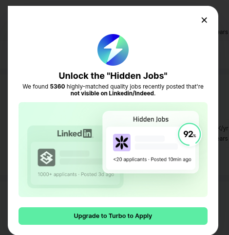 JobRight upgrade prompt for the Hidden Jobs filter, showing 5,360 jobs described as not visible on LinkedIn or Indeed