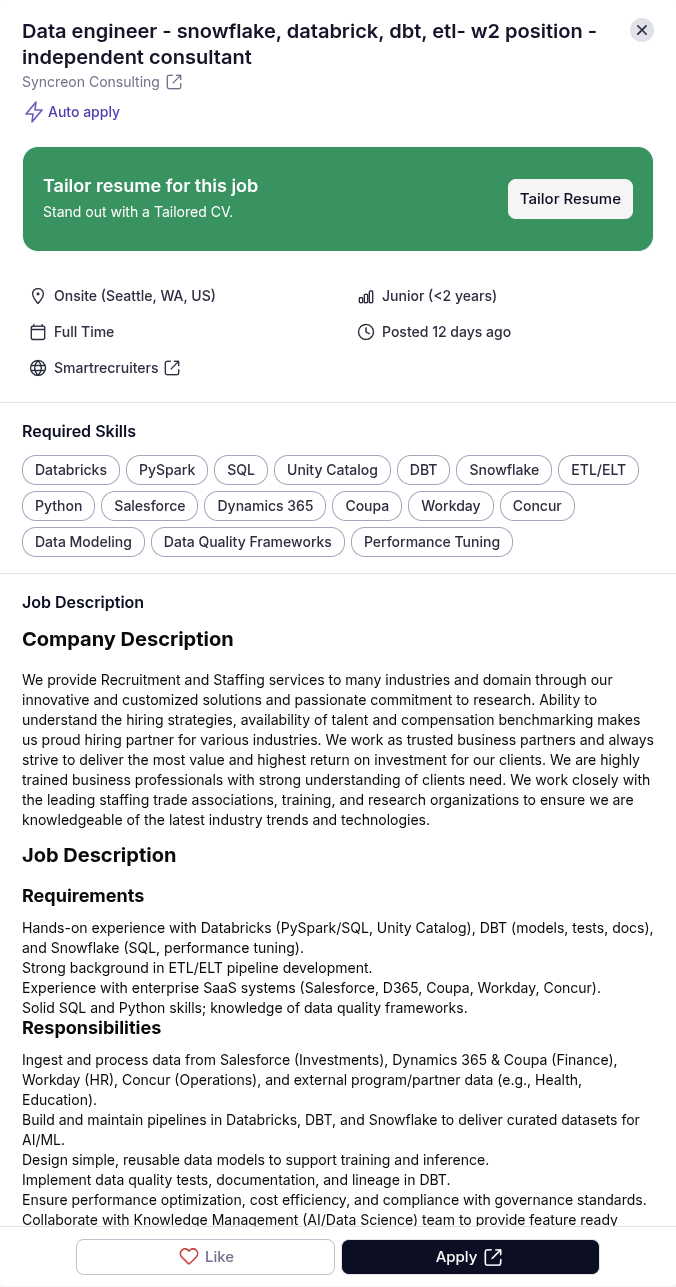 RemoteJobsFinder job detail page with a green Tailor Resume panel above the role's requirements