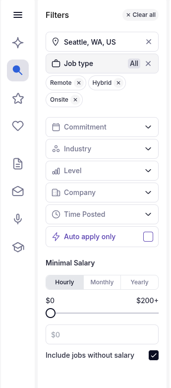 RemoteJobsFinder job search filter panel with location, job type, commitment, industry, level, company, time posted, auto apply only toggle and a salary slider