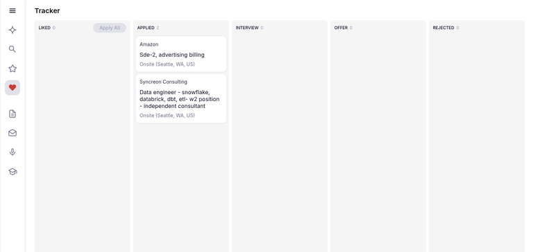 RemoteJobsFinder tracker board with Liked, Applied, Interview, Offer and Rejected columns showing two applied roles