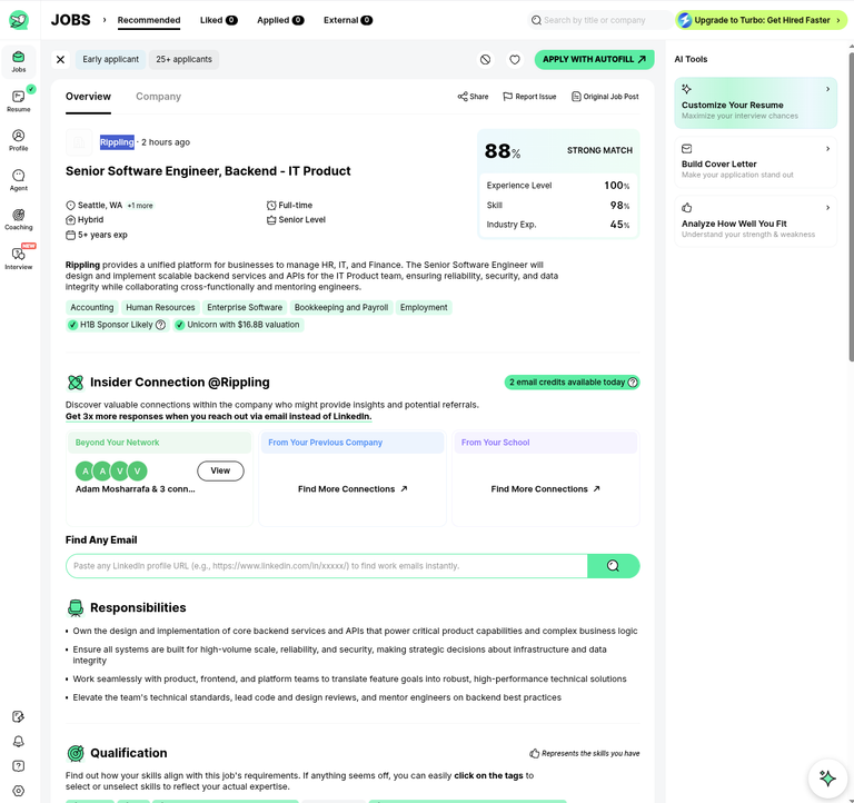 JobRight job detail page showing an 88% match with an experience, skill and industry breakdown, plus Insider Connection contacts