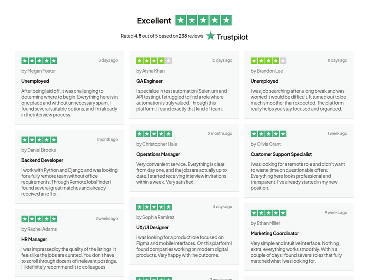 RemoteJobsFinder homepage displaying an Excellent Trustpilot rating of 4.8 out of 5 based on 238 reviews