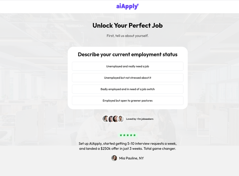 AIApply onboarding, one of many sequential preference steps