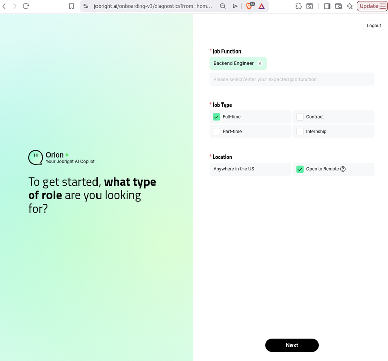 JobRight onboarding, asking for job function, job type and location after the resume upload