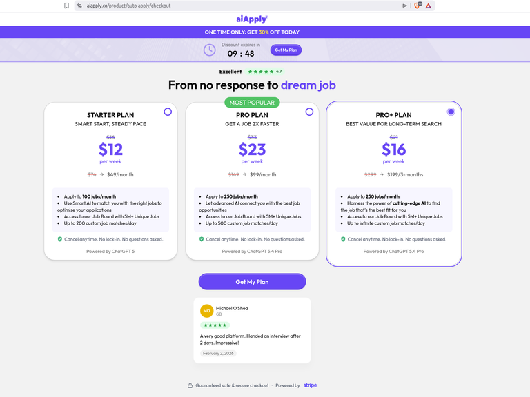 AIApply Auto-Apply checkout showing the Starter, Pro, and Pro+ plans