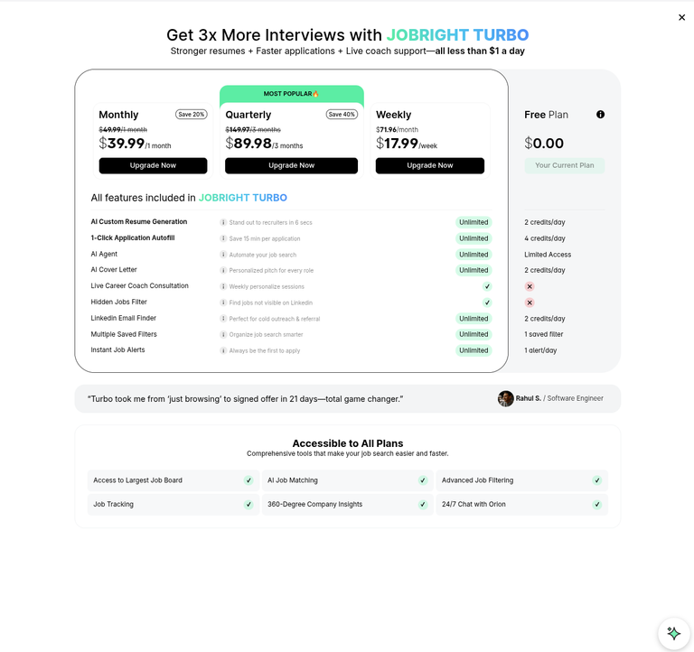 JobRight Turbo plan picker showing $39.99 monthly, $89.98 quarterly and $17.99 weekly against a free plan