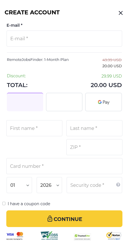 RemoteJobsFinder checkout showing 49.99 USD struck through to a 20.00 USD total, with auto-renewal fine print below the button