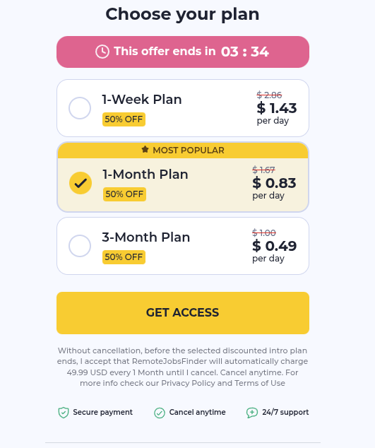 RemoteJobsFinder paywall showing per-day intro pricing under a 50% OFF badge and a countdown timer