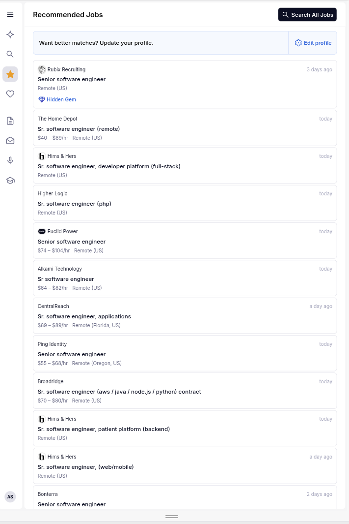 RemoteJobsFinder recommended jobs feed listing remote US senior software engineer roles at The Home Depot, Hims and Hers, Higher Logic, Euclid Power, Ping Identity and Broadridge with posted ages and hourly ranges