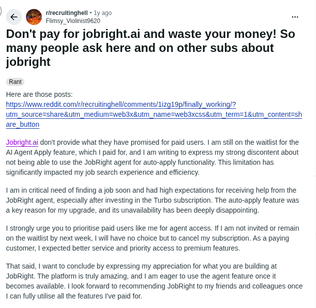 Reddit post in r/recruitinghell from a paying user still waitlisted for JobRight's AI Agent Apply feature