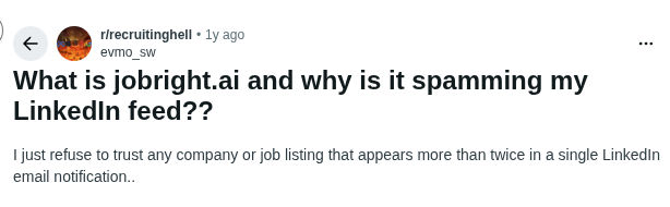 Reddit thread in r/recruitinghell asking why jobright.ai is spamming the poster's LinkedIn feed