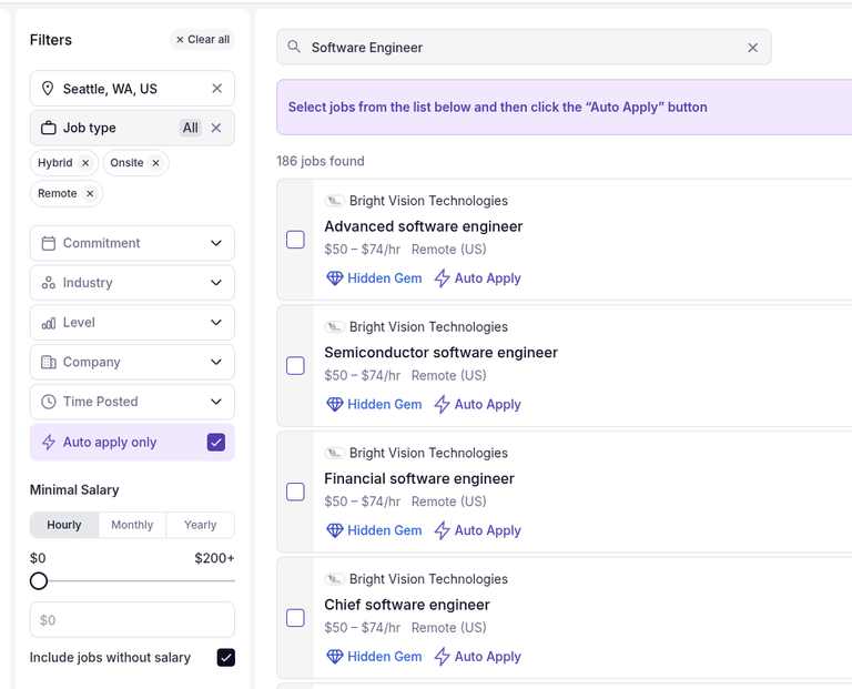 RemoteJobsFinder job search with the auto apply only filter on, showing 186 jobs found and four near-identical listings from one staffing agency