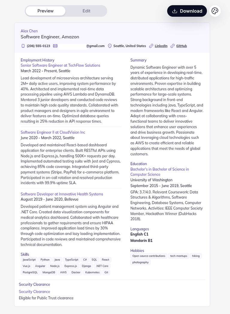Resume generated by RemoteJobsFinder with the header reading Software Engineer, Amazon while the employment history below lists a different current employer
