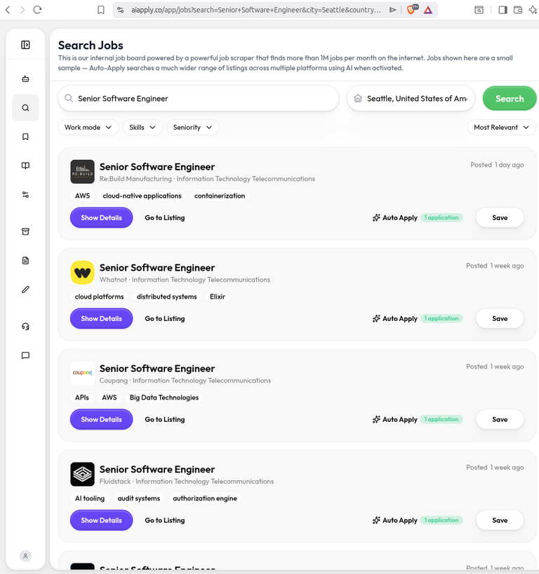 AIApply job search for "Senior Software Engineer" returning only exact-title results