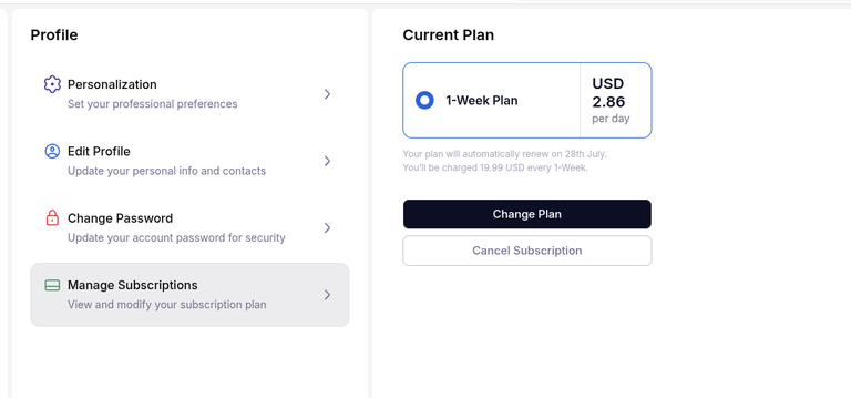 RemoteJobsFinder subscription settings showing a 1-Week plan that renews at 19.99 USD every week