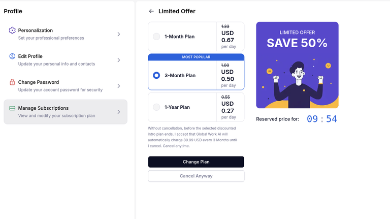 RemoteJobsFinder cancellation flow showing a 50 percent off retention offer, a fresh countdown, and renewal fine print naming Global Work AI