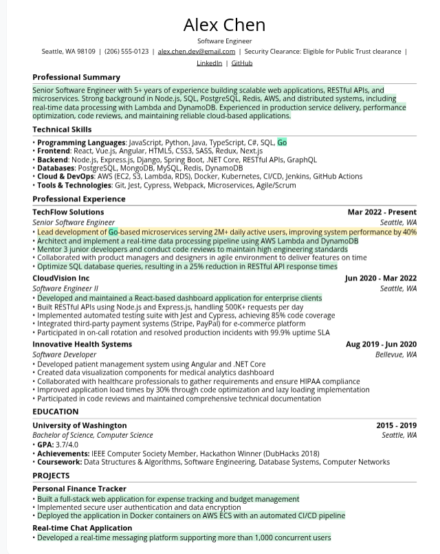 JobRight's tailored resume with highlighted edits, showing Go added to the skills list and to a rewritten job bullet