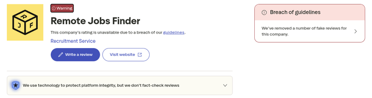 Trustpilot profile for Remote Jobs Finder showing no rating and a notice that fake reviews were removed